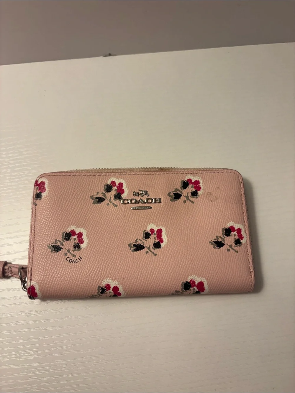 Coach Pink Floral Zip Wallet with Silver Logo